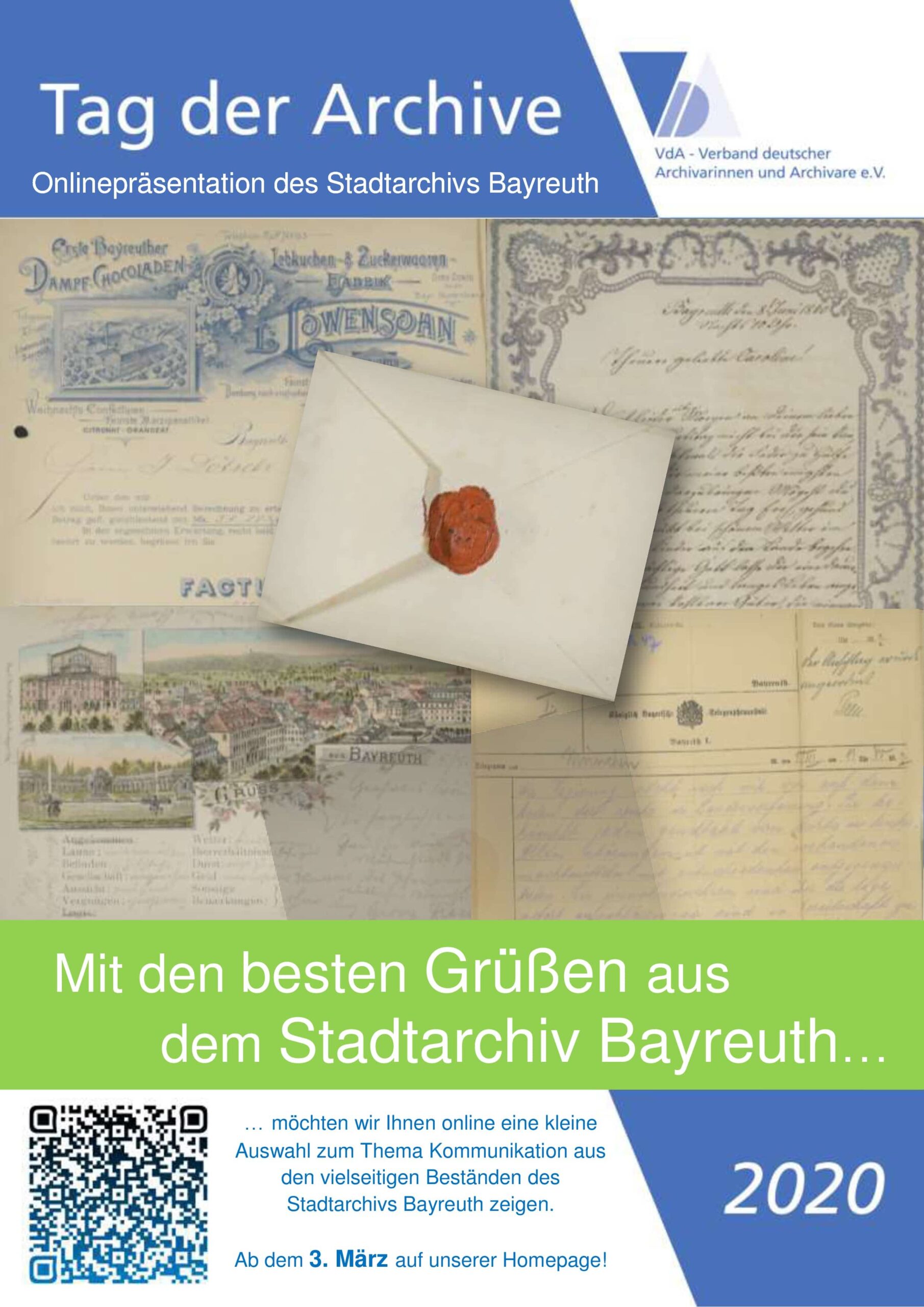 Flyer zur Onlinepräsentation des Stadtarchivs Bayreuth vom 3. bis 6. März im Rahmen des 10. Tages der Archive