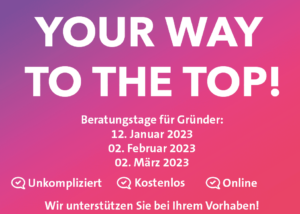 Zu sehen ist der Flyer der Bayreuther Gründungsberatung. Auf einem Farbverlauf von lila nach pink stehen in weißer Schrift die nächsten Beratungstermine.